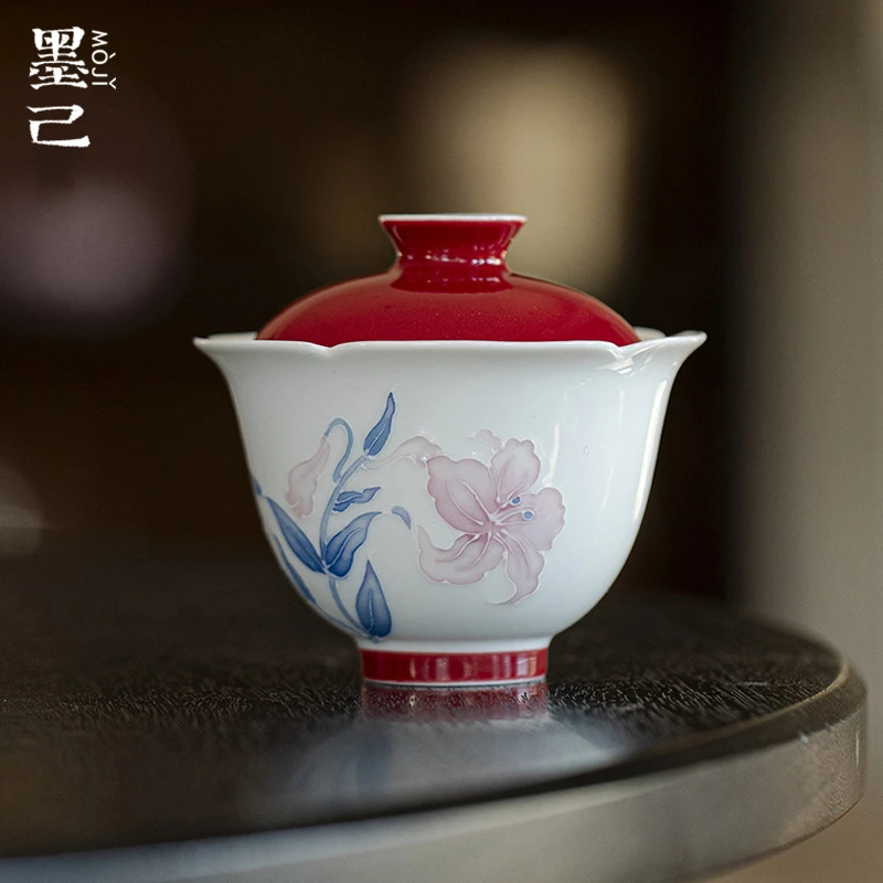 墨己丹霞有田烧手绘百合陶瓷二才盖碗轻奢念露盖碗家用手抓泡茶碗