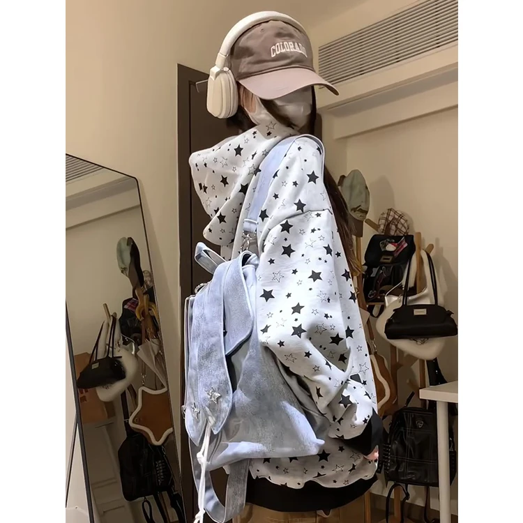美式甜酷星星满印灰色连帽卫衣女秋冬宽松慵懒风拉链开衫外套潮