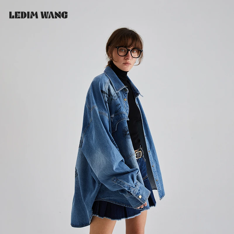 oversize印花牛仔衬衣衬衫