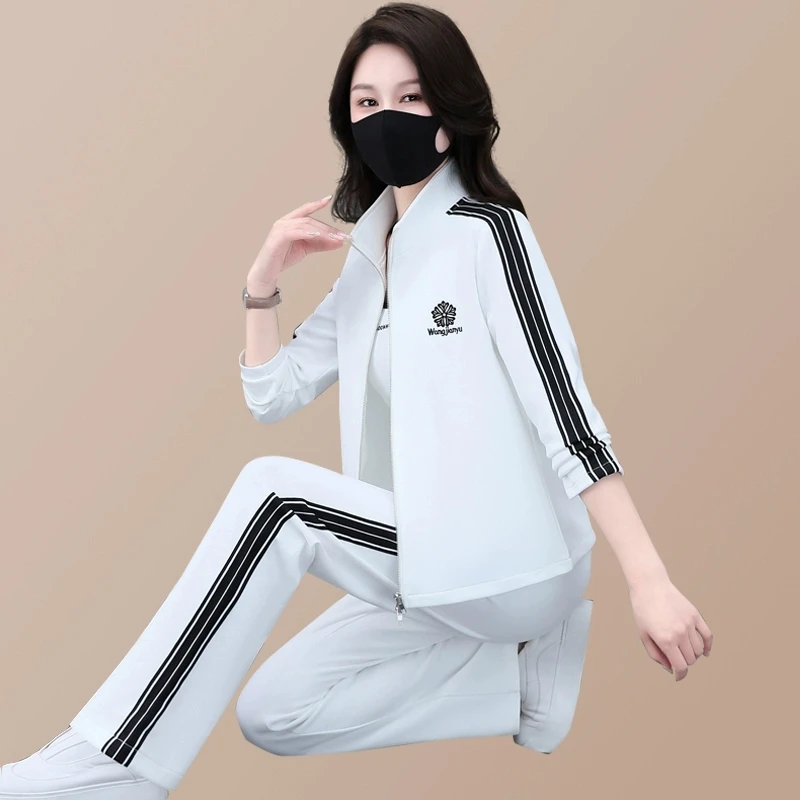 高档休闲运动服套装女秋季宽松时尚减龄气质显瘦拉链短袖三件套潮