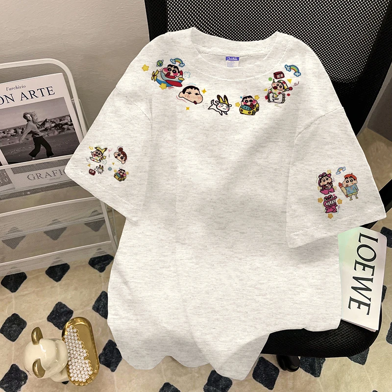 【帝韵】夏季新款纯棉短袖T恤女趣味小新印花宽松复古穿搭圆领上衣