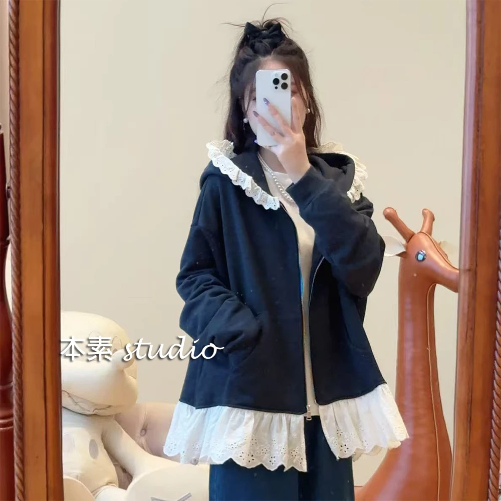 游学C4532拉链木耳边拼接连帽宽松外套