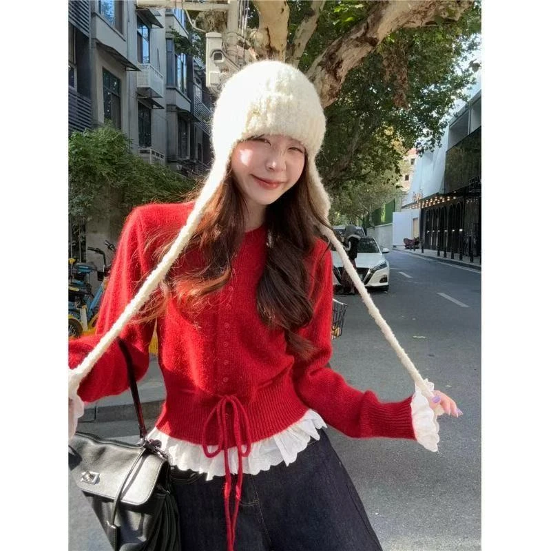 过年红色针织衫女早春新款温柔圆领抽绳收腰显瘦荷叶边本命年毛衣