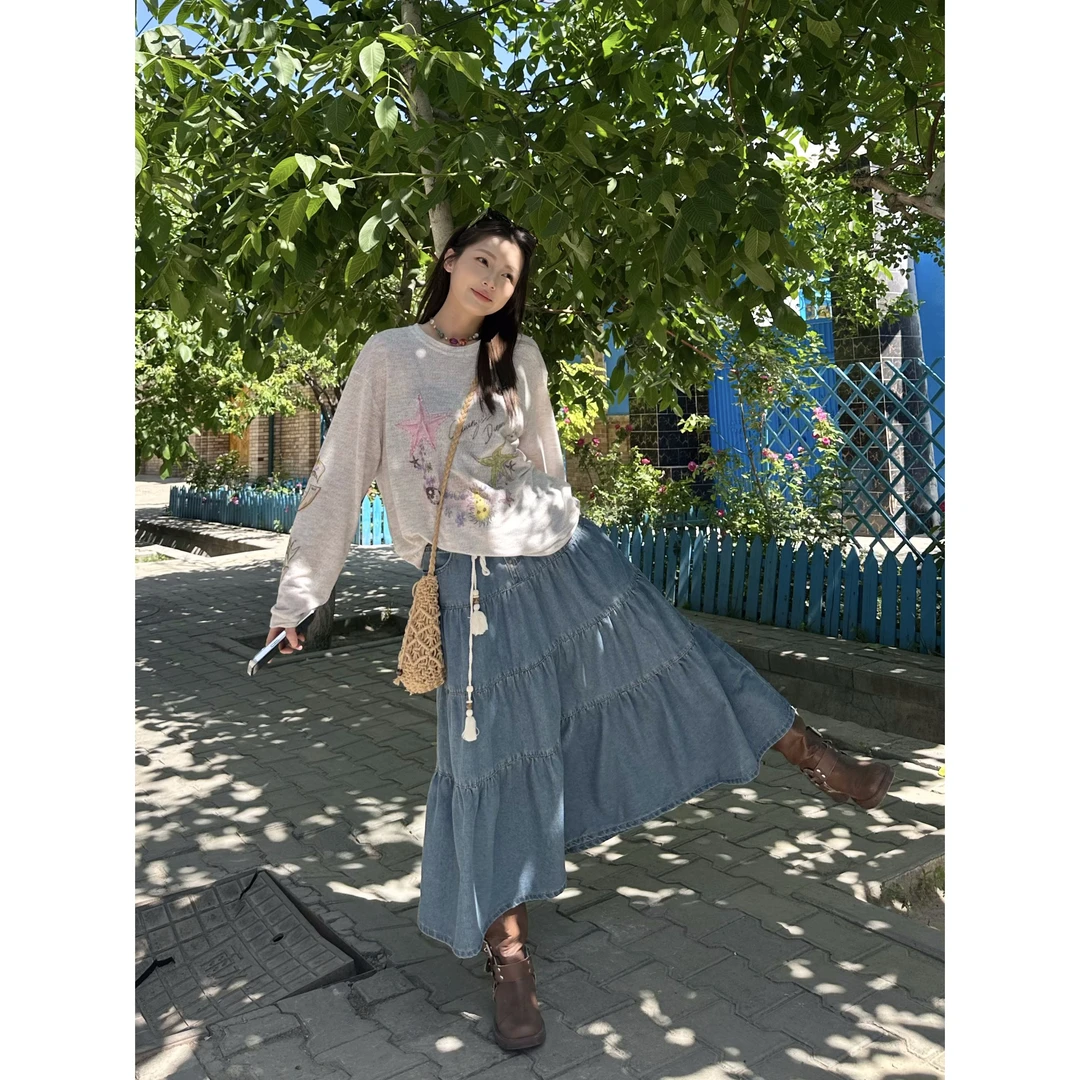 XFX国潮美式复古宽松软牛仔蛋糕裙女夏季显瘦休闲松紧腰A字半身裙