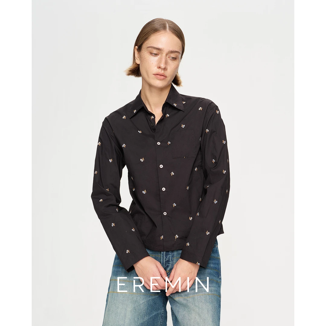 DE Mincollection绣花衬衫/日系花朵刺绣正肩合身版棉质衬衫55164