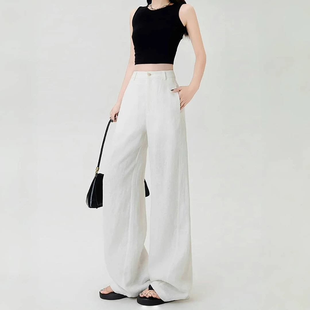 白色苎麻亚麻阔腿裤女加长夏季薄款高腰垂感老钱风西装直筒休闲裤