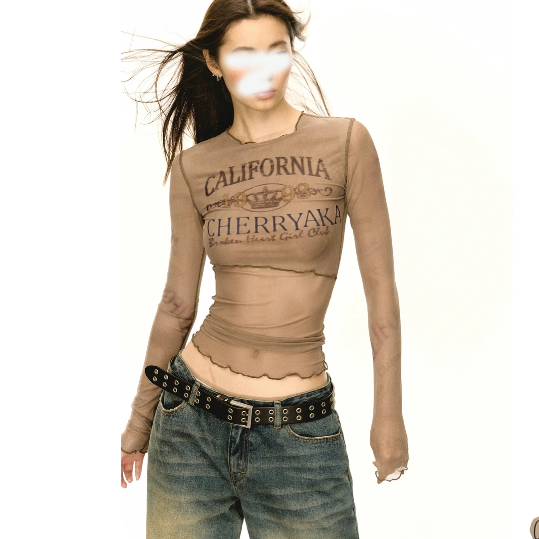 【现货专属】08217美式复古辣妹网纱长袖印花t恤女紧身上衣内搭短款