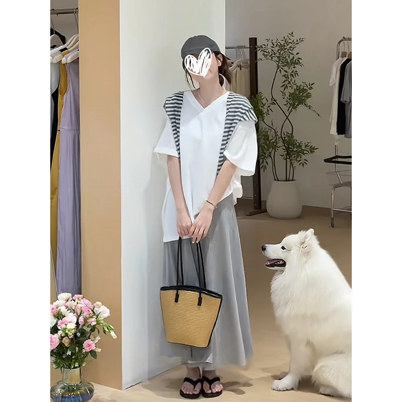 【松弛有度】夏季韩版时尚V领短袖T恤显瘦休闲半身裙条纹披肩套装