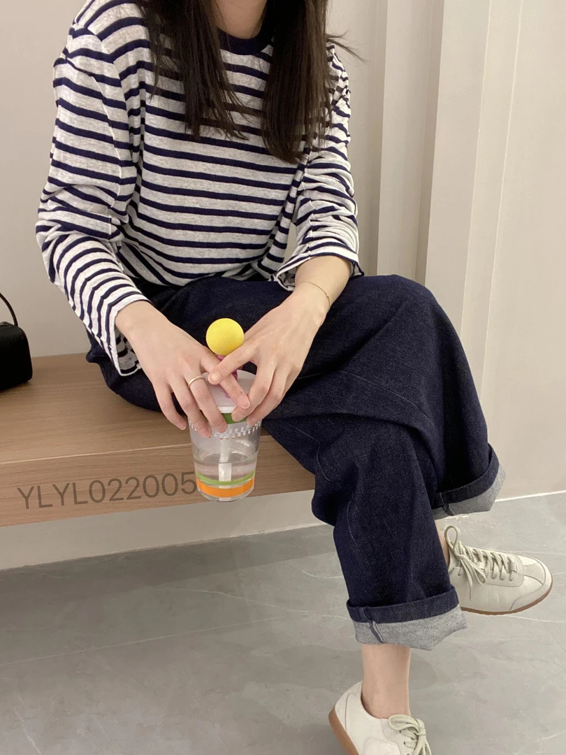2025春季新款韩系穿搭韩系简约条纹上衣百搭复古高腰牛仔裤两件套