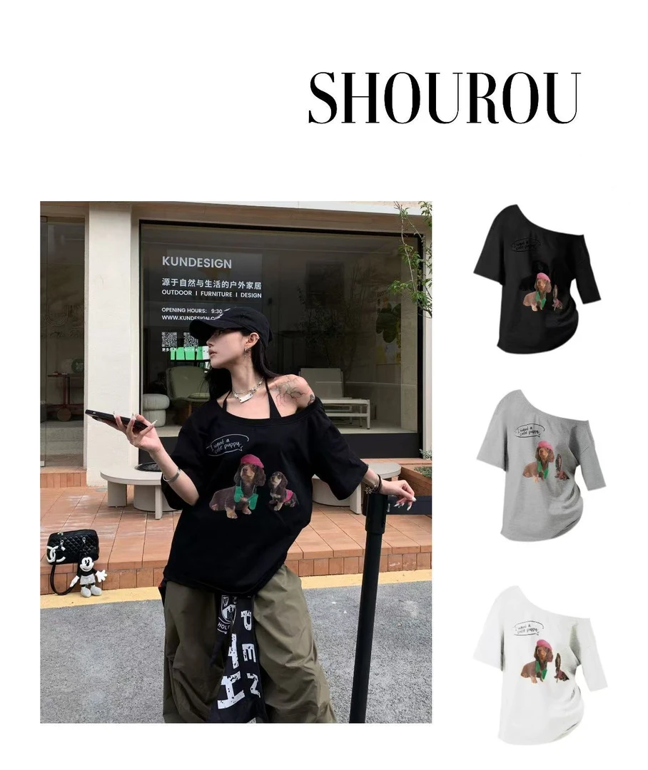 24AO瘦小肉【汪汪大队】设计款腊肠小狗斜肩大版短袖上衣8229