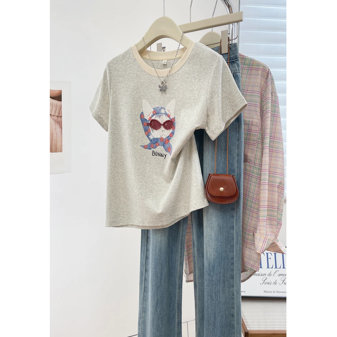 韩系洋气卡通猫咪纯棉撞色圆领正肩短袖青春减龄宽松可爱百搭女装