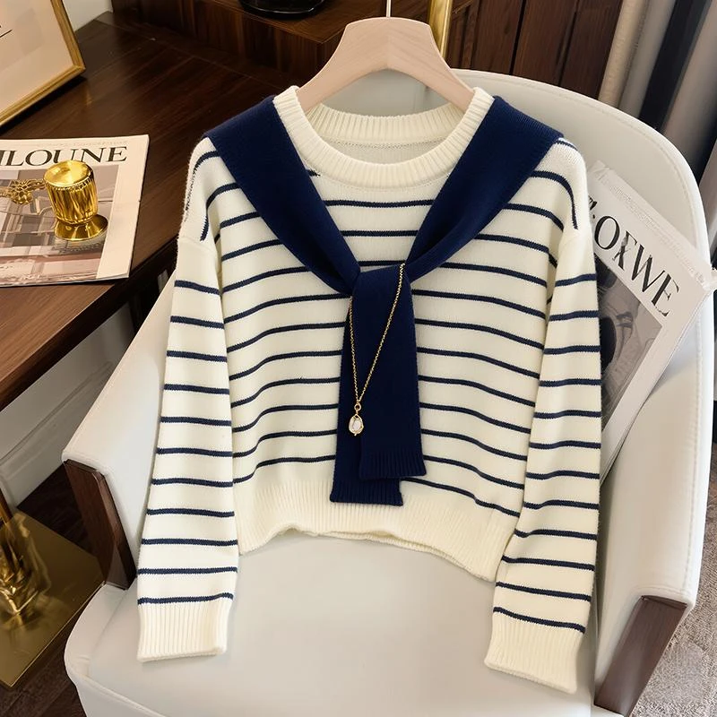 灰色条纹披肩系带假两件正肩针织衫女秋季新款韩系宽松长袖上衣女