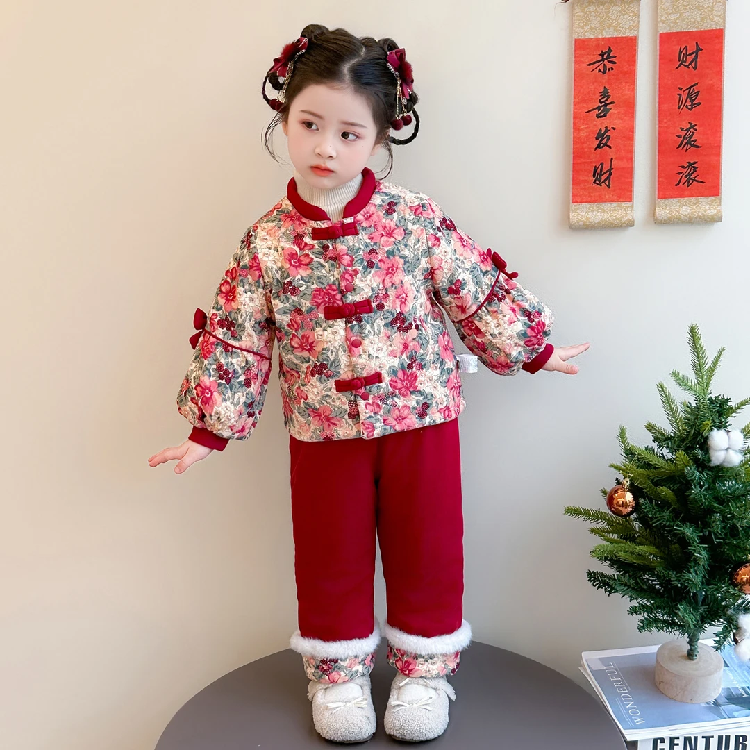 冬季花朵中国风厚款印花套装加绒古风加厚古装