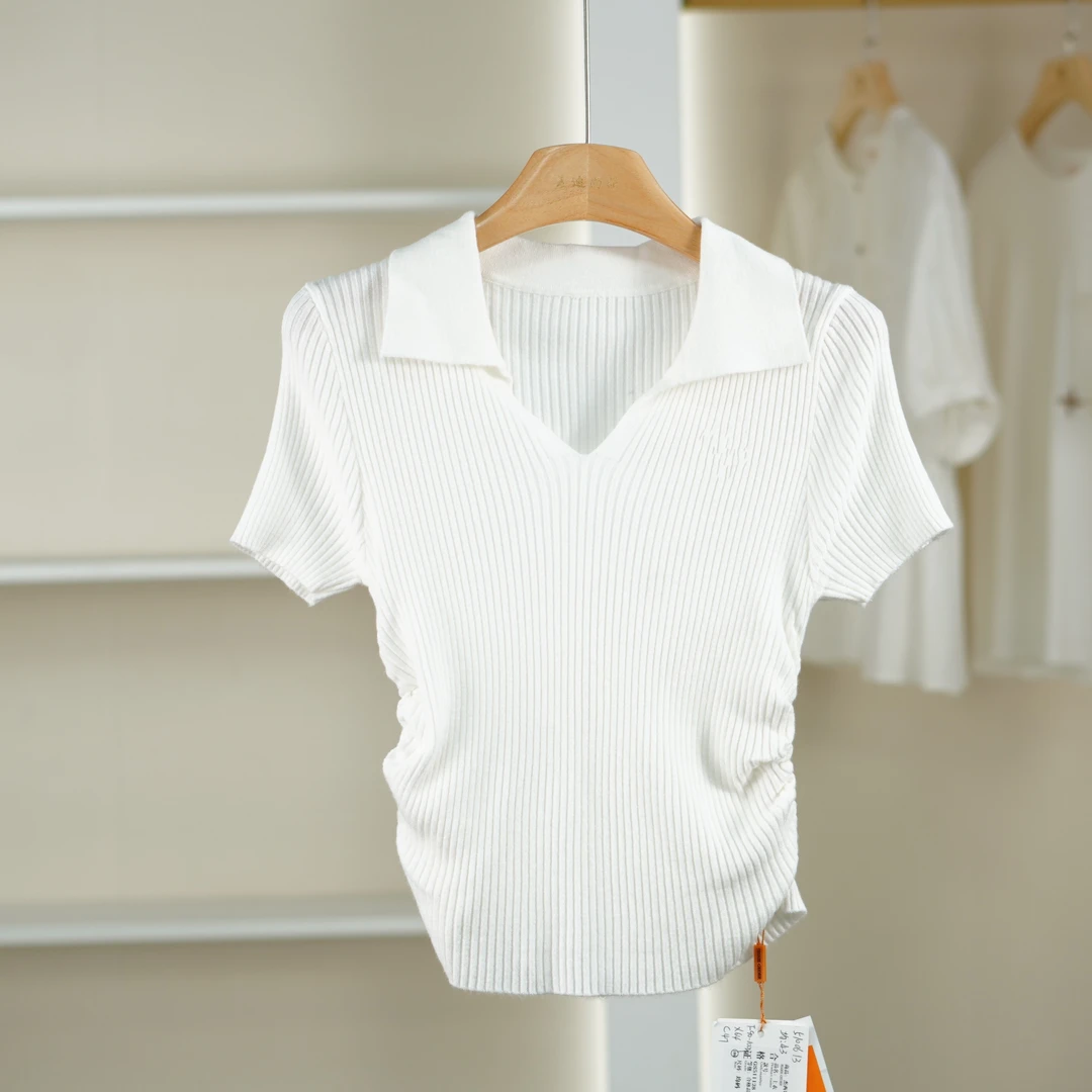 【麦迪尚品·品牌新款】5100613 春季简约短袖V领针织上衣品牌女装