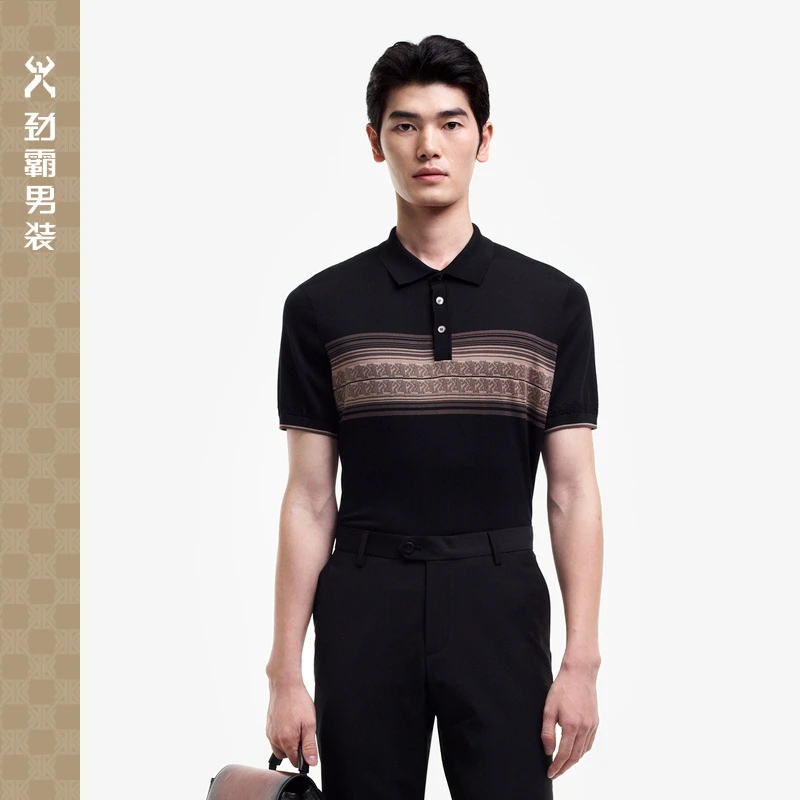 劲霸男装春夏条纹提花商务休闲短袖T恤│BTLE2913