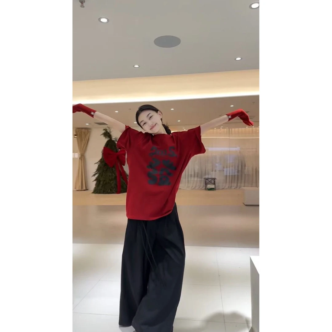 设计感显瘦大版发财字母印花短袖t恤2025春夏季黑色阔腿裤