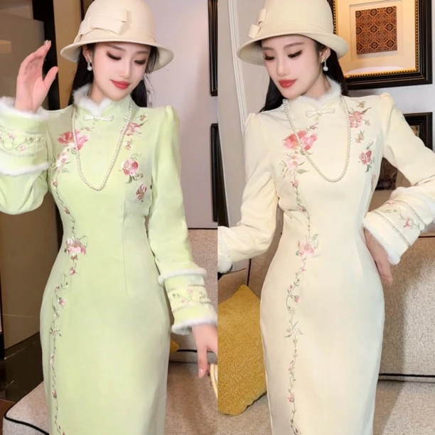 【媛珠 京城美眷】重工刺绣国风贵气水貂毛旗袍时尚套装连衣裙秋冬