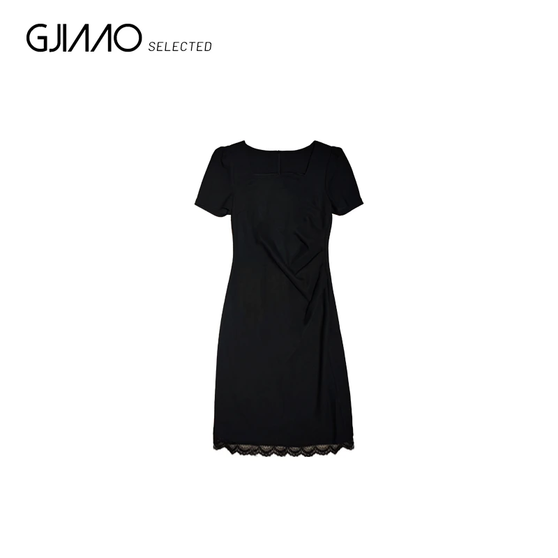 629 泡泡袖后开叉蕾丝边长连衣裙