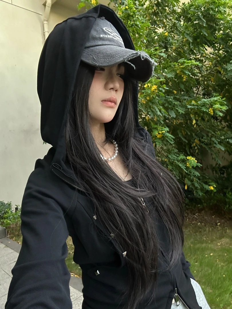 DAXIECHA｜开衫修身款拉链女连帽薄款套头卫衣带帽女黑色上衣#001