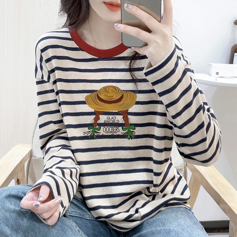 撞色圆领条纹T恤女春秋冬棉质慵懒松弛外穿宽松百搭显瘦长袖上衣