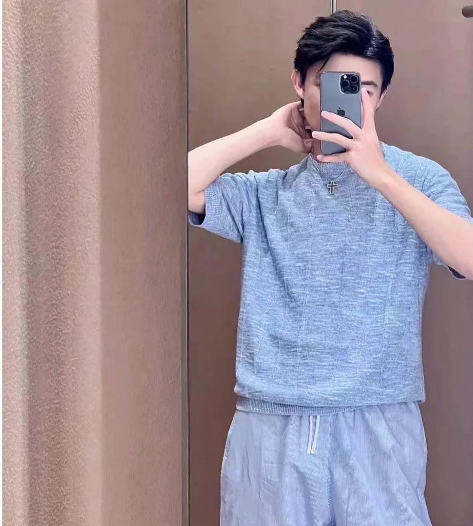百搭针织条纹简约T恤学生中年蓝色上衣时尚亲子短袖