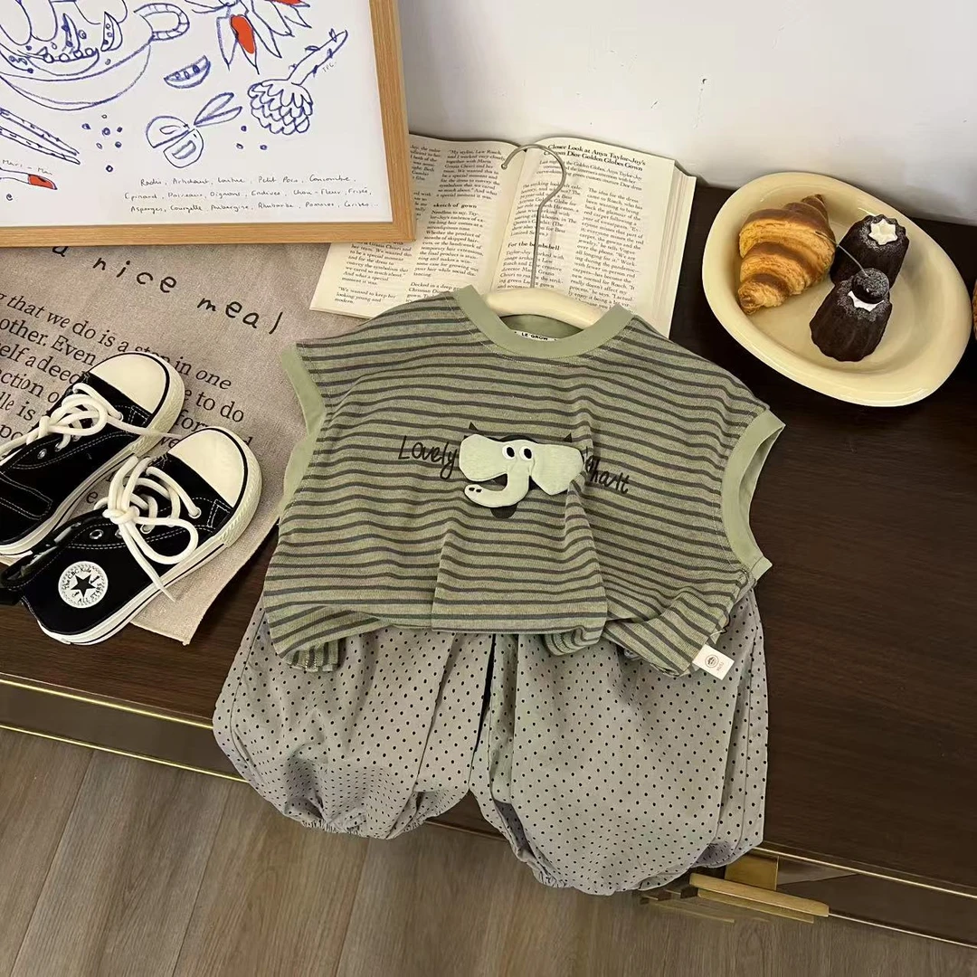 儿童夏季卡通立体小象条纹无袖两件套H2145