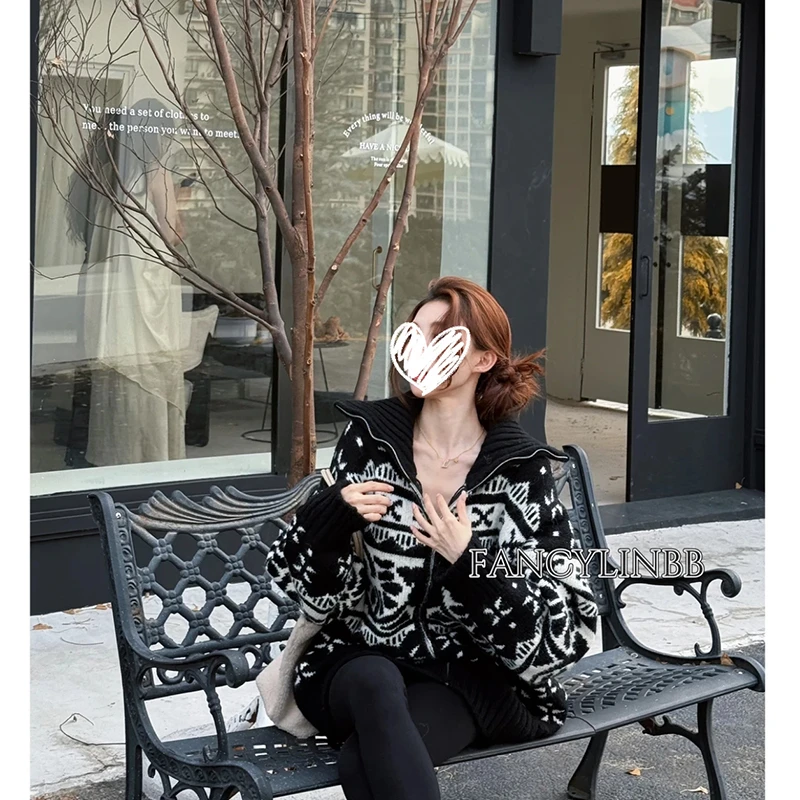 【奥利奥】韩单休闲腔调毛衣外套提花翻领慵懒宽松针织开衫女