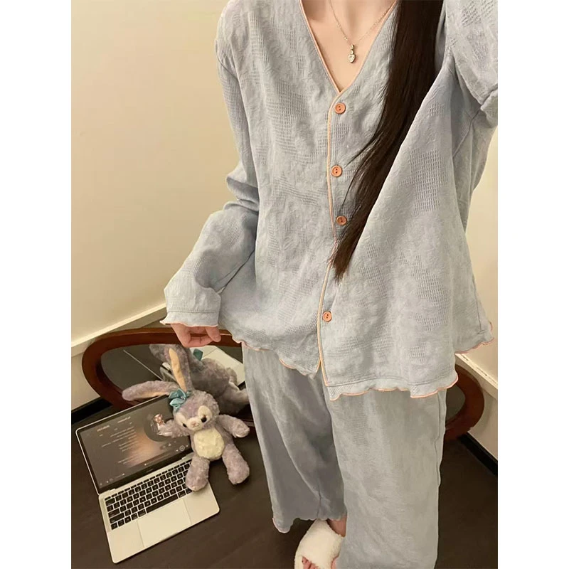 肌理感绵柔睡衣女春秋新款长袖韩版大码家居服撞色开衫套装可外穿