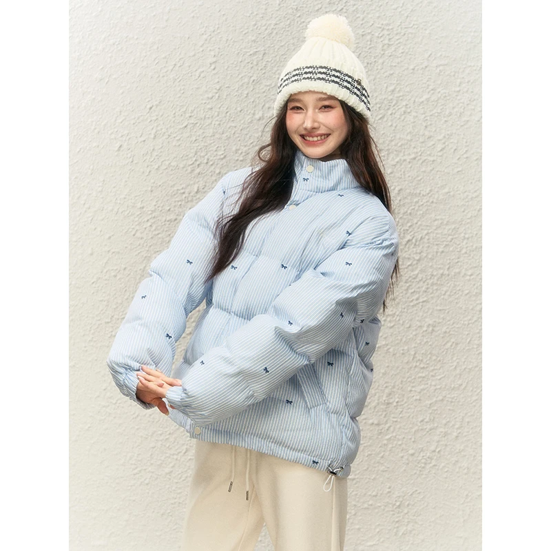 设计感蓝色条纹蝴蝶结棉服外套冬季2025年新款加绒加厚保暖棉衣女