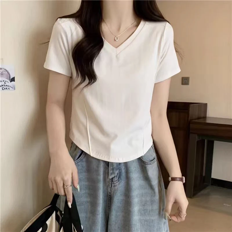 胖MM浩元 43大码夏季显瘦宽松百搭气质T恤洋气小众设计感韩版v领