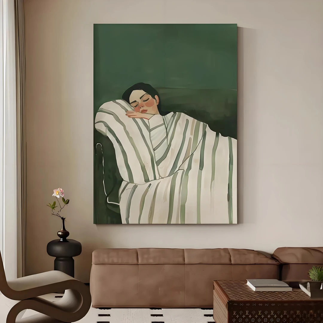 《慵懒少女》房间卧室装饰画玄关人物绿色系抽象油画客厅小众挂画