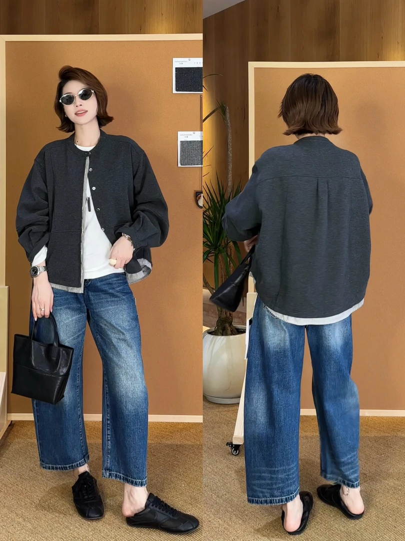 YYOUHAN 2025新款【朝暮】撞色门襟拼接下摆慵懒风外套 2509C5554