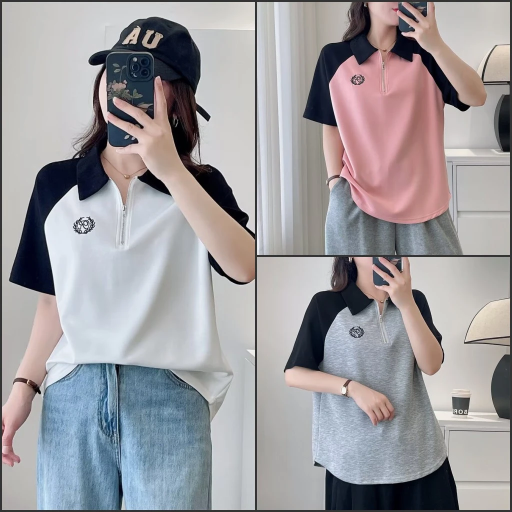 大码胖mm减龄撞色刺绣半拉链翻领T恤女夏季正肩减龄显瘦休闲上衣