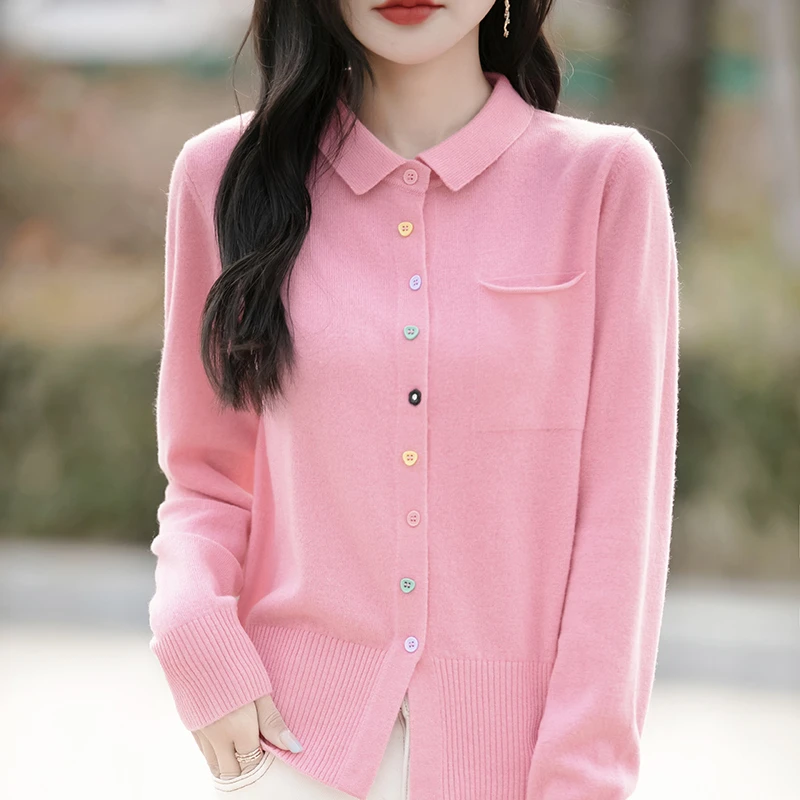 哥弟阿玛施正品2025韩版温柔女士针织衫纯色气质彩扣通勤小领开衫