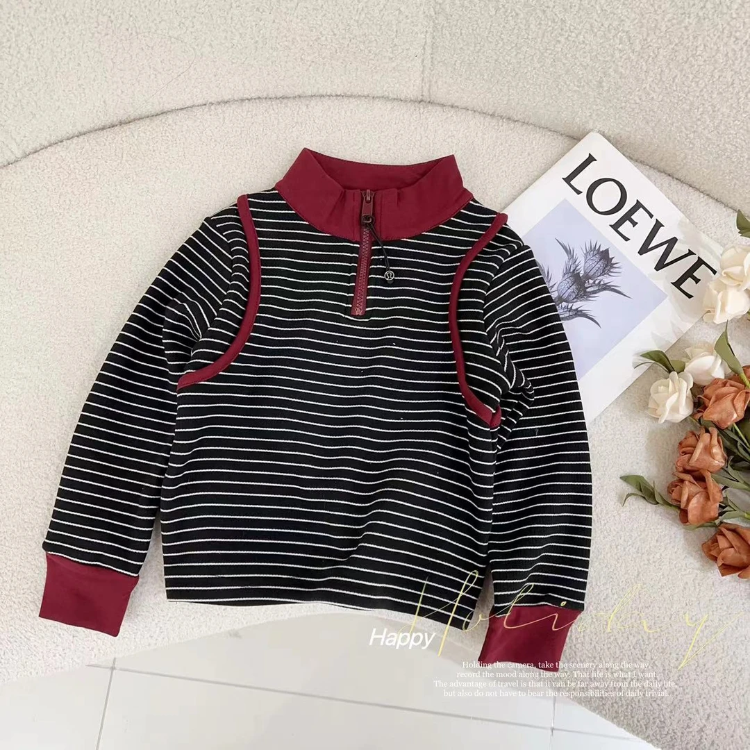 汤圆家童装2024冬季上新韩系撞色条纹加绒上衣 XA-497