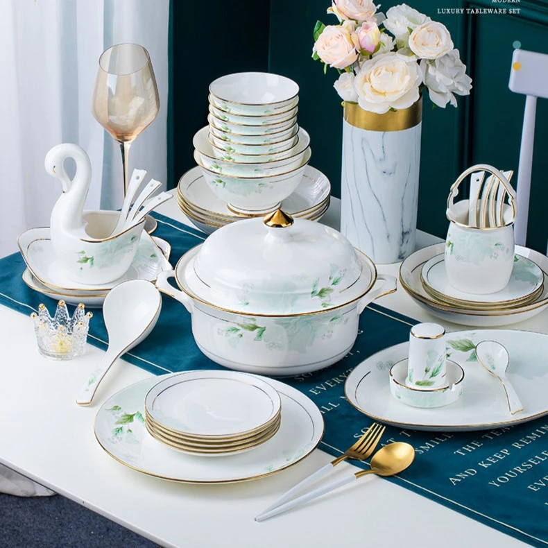 [描金绿光]58件景德镇陶瓷骨瓷碗筷餐具碗盘家用轻奢碗碟饭碗面碗