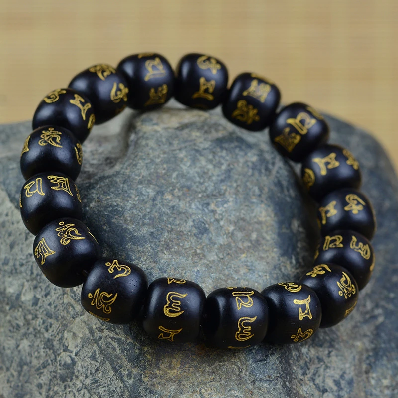 非金属木质手链 非洲紫光檀黑檀木12mm*17颗老型桶珠佛珠雕刻描金