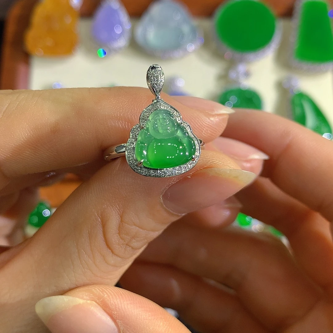 翡翠18K金镶嵌颈饰佛公戒指吊坠2用款