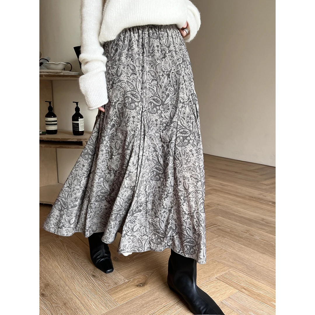 秋新款法式长裙松弛感卷边褶皱印花丝绒半身裙女秋冬裙子秋季
