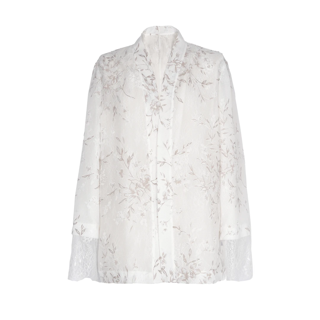 JUNYANG杨君 如梦令玉兰印花蕾丝拼接开衫