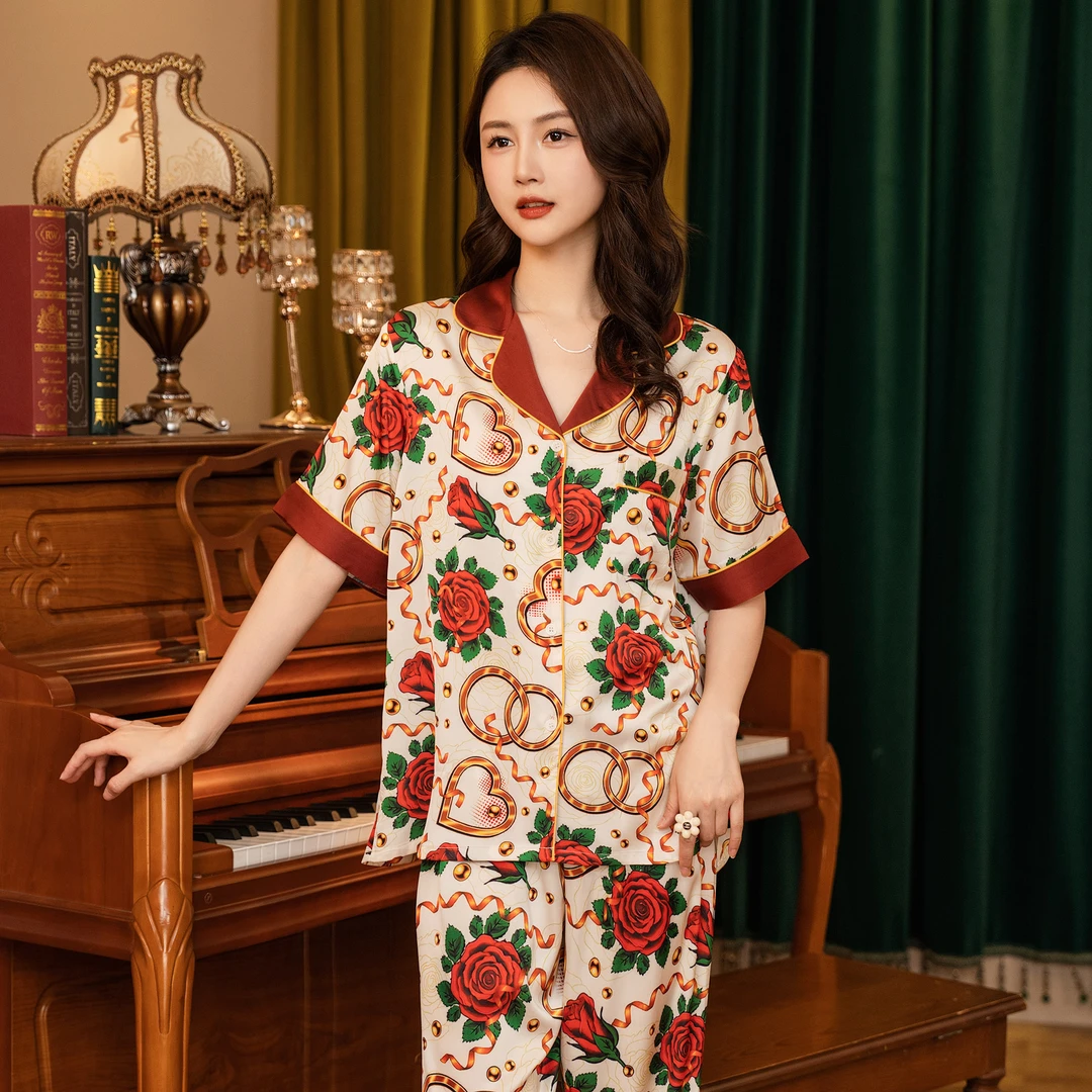 达芬奇密码2025新玫瑰海岛夏薄款睡衣宽松短袖清凉女士家居服套装