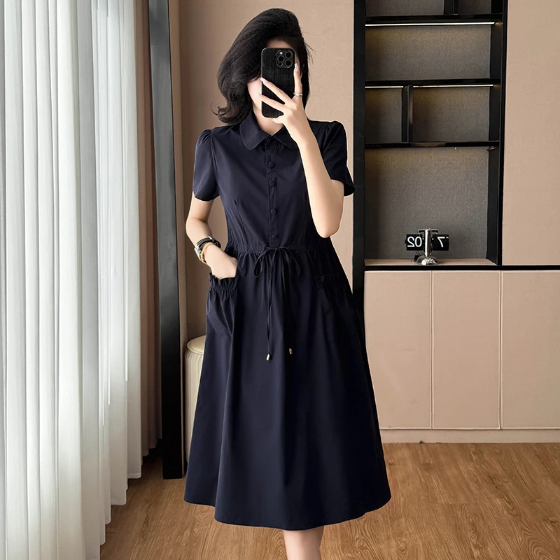 藏蓝色修身显瘦大码女装胖mm妈妈装气质短袖连衣裙夏季新款阔太太