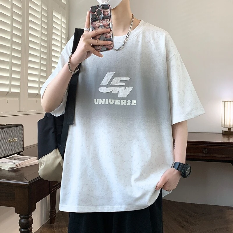 渐变色短袖t恤男2025新款夏季潮牌青少年休闲半袖学生帅气体恤男