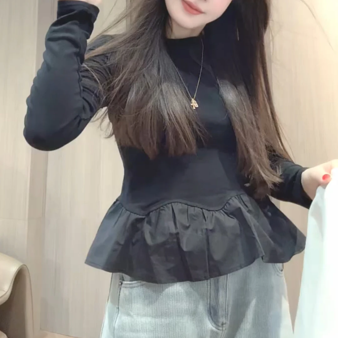 新款高品质荷叶边冬季修身显瘦长袖打底衫女