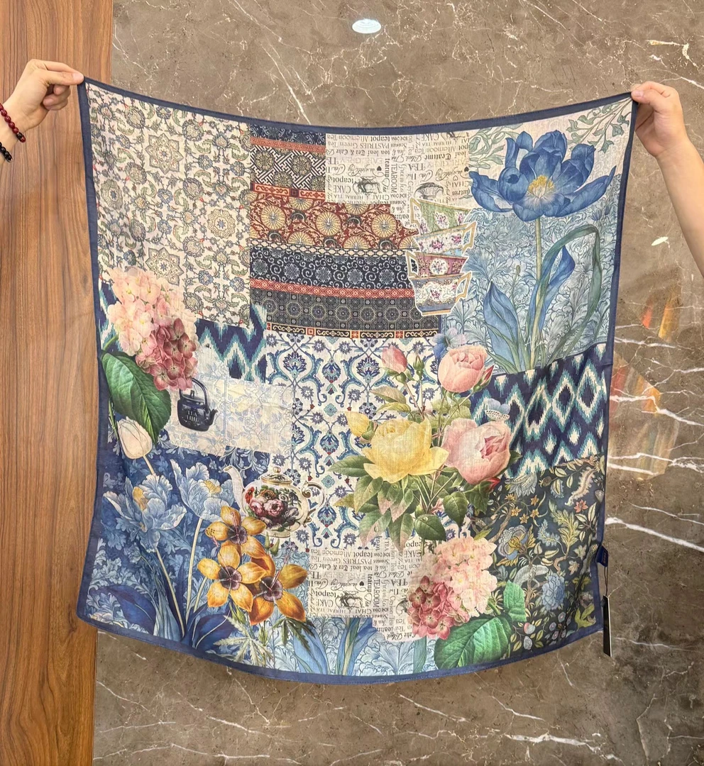 90X90CM丝毛【美院风】双面双花方巾X43