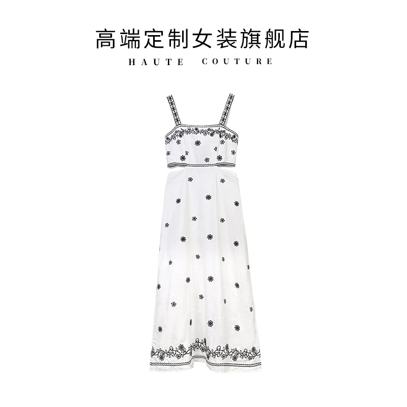 【筱翊定制】假日旅游度假花卉刺绣亚麻设计感露腰性感吊带连衣裙