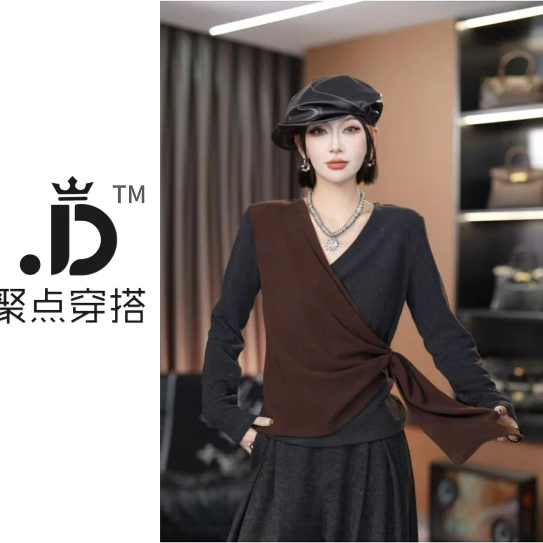 JUDIAN-【秋提】腰部绑带拼色款针织上衣8jd00509