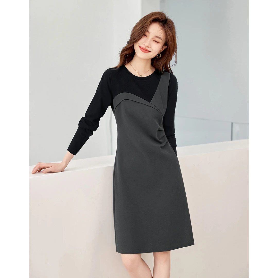 沫晗依美2025秋季新款时尚气质撞色拼接连袖收腰显瘦设计感连衣裙
