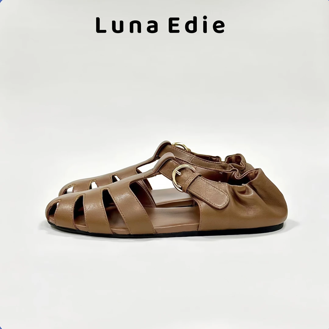 LunaEdie|纯色复古罗马凉鞋百搭平底包头镂空单鞋舒适沙滩罗马鞋