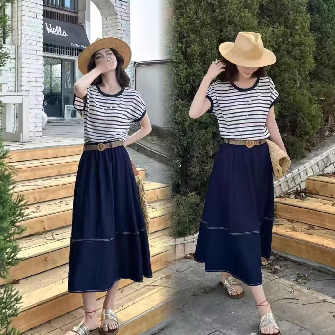 今年流行爆款短袖冰丝T恤a字半身长裙两件套装2025夏季新款连衣裙